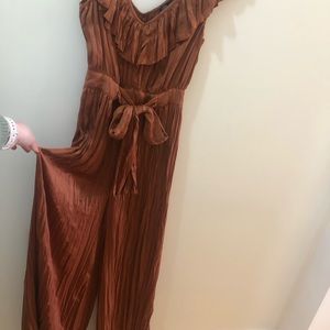 zara burnt orange satin pleated jumpsuit